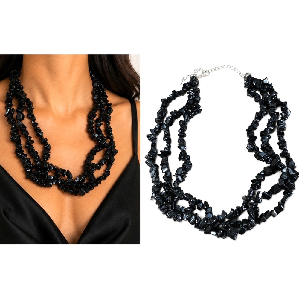 Vintage Black Necklace Triple Strand Chunky Beaded Silver Tone 16-20"